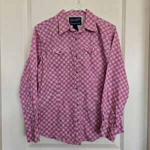 Wrangler Buckin Cancer Womens Pink Plaid Button-Up Shirt